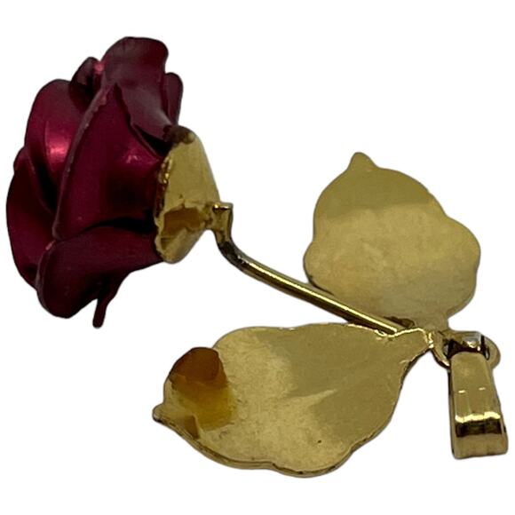 Deep Red Rose Gold Leaf Pendant - Romantic Floral Jewelry Burgundy Metal Flower - Picture 6 of 7